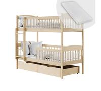 Lit superposé enfant - Matelas inclus - Taille de couchage 90x190 cm - Avec 2 tiroirs - Autres tailles 80x180 / 90x200 - Bois clair