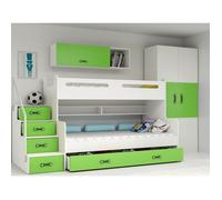 Lit Superposé Enfant MAX3, 200x80, 200x120 Escalier-Sommier & Barrière de Sécurité, 5 Tiroirs, Charge 100 kg, 2 Enfants (vert)