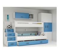 Lit Superposé Enfant MAX3, 200x80, 200x120 Escalier-Sommier & Barrière de Sécurité, 5 Tiroirs, Charge 100 kg, 2 Enfants(bleu)