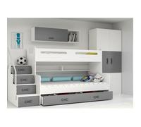 Lit Superposé Enfant MAX3, 200x80, 200x120 Escalier-Sommier & Barrière de Sécurité, 5 Tiroirs, Charge 100 kg, 2 Enfants (gris)