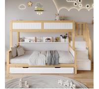 Lit Superposé Enfant - MERAX - 120x200 cm - Pin Massif - Échelle avec Rangement - Tiroir Escamotable