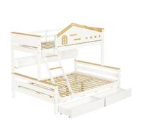 Lit Superposé Enfant Sécurisé avec Barrière Contrastée, 2 Tiroirs, Échelle Inclinée 4 Marches, Fenêtre & Étagère Ouverte - Structure en Pin et MDF Durable - Blanc/Naturel - 90x200cm & 140x200cm