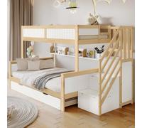 Lit Superposé Enfant Sécurisé avec Barrières Anti-Chute | 3 Positions Réglables + Lit Gigogne Intégré | Armoire et Escalier d’Angle | Structure Renforcée en Pin Massif | 90x200/90x190/120x200 cm