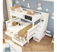 Lit superposé enfant - VVBV - 90x200/140x200 - 3 places - Avec tiroirs & tableau noir - Bois blanc/chêne