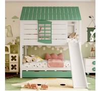 Lit Superposé enfants pin 90X200 cm avec Lit gigogne 90X190 - Lit superposer cabane 3 Places - Lit toboggan - Vert