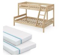 VitaliSpa Lit superposé Everest, Naturel Bois, 120x200 / 80x200 cm avec 2 Matelas, avec escalier intégré et système de sommier à Lattes Stable