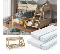 Lit superposé Everest, 120x200 / 80x200 cm avec 2 matelas, Naturel bois, Vitalispa 39701
