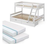 Lit superposé Everest 140x200 / 90x200 cm avec 2 matelas et 2 tiroirs Blanc Vitalispa 39560