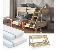 VitaliSpa Lit superposé Everest, Naturel Bois, 140x200 / 90x200 cm avec 2 Matelas, avec escalier intégré et système de sommier à Lattes Stable