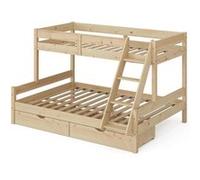 Vitalispa lit superposé Everest, Naturel bois, 140x200 / 90x200 cm avec tiroirs