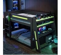 Lit superposé gaming en bois, 140x200 cm, lit mezzanine, avec bureau, deux compartiments de rangement, port USB et LED, noir et vert