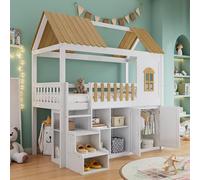 Lit superposé, grand espace de rangement, en bois, avec armoire, fenêtre, cadre en pin avec armoire à chaussures, marches d'escalier sécurisées, design minimaliste, rampe stable, blanc + naturel, 90 x