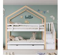 Lit superposé - KOMHTOM - Lit superposé enfant 90x200 cm - Escamotable 90x190 - 3 tiroirs escalier - Bois blanc/naturel
