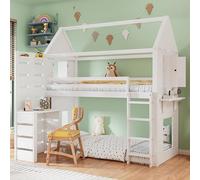 Lit superposé, lit cabane 90x200cm, lit Enfant avec Protection antichute et Garde-Corps, avec Table, étagère Ouverte, Deux fenêtres, Grand Espace de Rangement, pin + MDF, Blanc