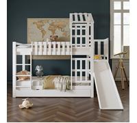 Lit Superposé Lit Cabane 90x200cm Novélys avec Toboggan & Tiroir de Rangement, lit enfants en Bois Massif - Blanc