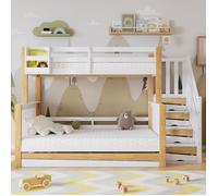 Lit Superposé Lit enfant 3 positions superposé gigogne 90x200 & 120x200cm - Barrière sécurité - Pin+MDF blanc/naturel - Sans