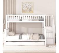 Lit superposé Lit enfant 90 x 200 cm + 140 x 200 cm en pin avec escalier de rangement et sommier à lattes et un lit gigogne - blanc