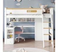 Lit superposé, lit pour enfant, avec barrières de sécurité, avec table et armoire, avec échelle à quatre marches, pin + MDF + contreplaqué, blanc + naturel, 90x200cm