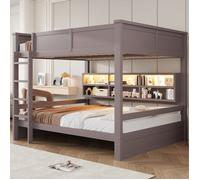 Lit superposé marron 160x200cm avec rangements et éclairage LED, meuble fonctionnel pour chambre adulte, sans matelas