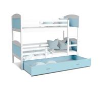 Lit Superposé Mateo 90x190 Blanc - bleu Livré avec sommiers, tiroir et matelas en mousse de 7cm