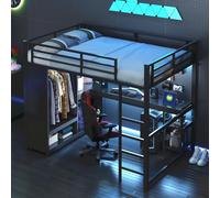 Lit Superposé Métal Gaming 140x200 cm avec Bureau, Lit Mezzanine Métal avec Armoire Ouverte, lit enfant Rangement et Bandes LED, Espace de Travail Bureau, Rangement Pratique, sans Matelas Inclus