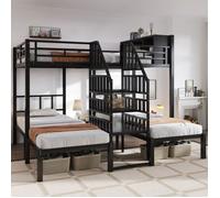 Lit superposé métal noir robuste 90×200 &140×200 cm, triple couchage avec échelle sécurisée et rangement intégré, N LITS SUPERPOSES