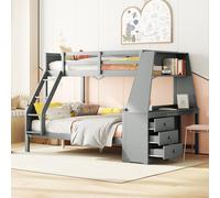 Lit superposé mezzanine 90x200cm avec bureau, bibliothèque, 3 tiroirs, lit enfant avec barrière de sécurité & 2 sommiers à lattes & échelle 242x141x154 cm grise