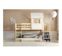 Lit Superposé Cabane pour Enfants 90x200 cm - Mezzanine avec Escalier et Echelle, Bois Massif de Pin Naturel, Écologique, Barrière de Sécurité, Sommier Inclus, sans Matelas, Toit Maisonette
