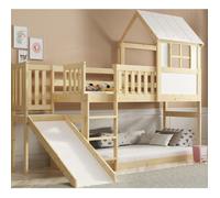 Lit Superposé Cabane pour Enfants 90x200 cm - Mezzanine avec Toboggan et Echelle, Bois Massif de Pin Naturel, Écologique, Barrière de Sécurité, Sommier Inclus, sans Matelas, Toit Maisonette