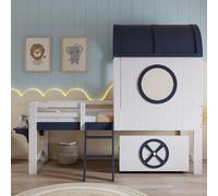 Lit superposé, mi-hauteur, pour adolescent, avec toit et fenêtre, tiroir inférieur avec roulettes, coulisseaux inclinés pratiques à deux niveaux, pin + MDF + contreplaqué, blanc + bleu foncé, 90 x 200