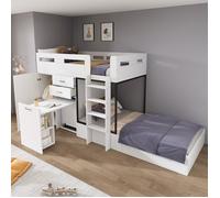 Lit superposé O.Ye pour enfant 90 x 200 cm, lit double avec bureau coulissant, armoire, 2 tiroirs et échelle - Blan LITS SUPERPOSES