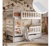Lit mezzanine 80x180 cm avec 2 matelas et 2 tiroirs Lit superposé avec protection contre les chutes et sommier à lattes, transformable en deux lits d'enfant, en bois massif blanc 180x80 cm