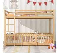 Lit superposé pour enfant 90 x 200 cm avec escalier d'angle droit, lit avec barrière et porte, bois massif - Couleur naturelle