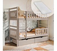 Lit superposé pour enfant 90x200 cm - Matelas INCLUS - Convertible en 2 lits simples - Avec 2 tiroirs - Lit 2 places - Cachemire