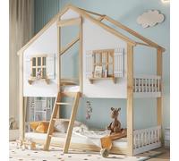 Lit superposé pour enfant, avec de belles fenêtres et un toit élégant, un sommier à lattes robuste, des barrières de sécurité latérales, en pin, MDF et contreplaqué, blanc et naturel, 90 x 200 cm.