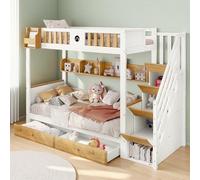 Lit superposé pour enfants 90 x 200 avec échelle, cabane avec rangement, mezzanine 2 places, barrière et filet