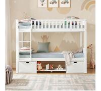 Lit superposé pour enfants, 90x200 cm, convertible en deux lits simples, avec barrières de sécurité, tiroirs de rangement et échelle