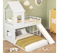 Lit superposé pour enfants avec toboggan, toit de la maison & barrière de sécurité, pin+MDF, blanc, 90x200cm & 140x200cm