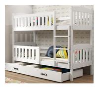 Lit superposé QUBA 90x190 Bois Massif, Pin, Barrière de sécurité, Sommier, Tiroir, Séparable en 2 lit (Blanc+Blanc), Interbeds