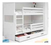 Lit superposé RICO 90x200 Bois Massif, Barrière de sécurité, Sommier, Tiroir, Séparable en 2 lit (Blanc+Blanc), Interbeds