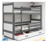 Lit superposé RICO Enfant 90x200 Bois Massif, Pin, Barrière de sécurité, Sommier, Tiroir, Séparable en 2 lit (Gris+Blanc),