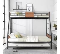 Lit superposé robuste en métal noir avec gigogne, garde-corps de sécurité, décoration en bois, économie d'espace, réduction du bruit, certifié CPC, pas besoin de sommier tapissier (noir double sur lit
