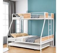 Lit superposé robuste en métal noir avec gigogne, garde-corps de sécurité, décoration en bois, économie d'espace, réduction du bruit, certifié CPC, pas besoin de sommier tapissier (lit double blanc