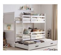 Lit superposé Séparable 90x190 cm RICO Blanc - Bois massif de pin 2 lits simples Barrière de sécurité Sommiers & Tiroir inclus