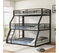 Lit superposé triple (90x200cm, 120x200cm et 140x200cm), structure en métal, lit en fer, lit enfant, noir, sans matelas
