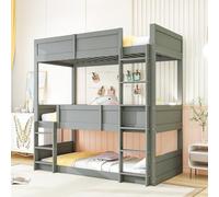 Lit Superposé Triple en Bois, pour Chambre Enfant, Gris, 90x200 cm