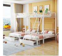 Lit superposé triple en métal avec tiroirs et échelle - Transformable en 3 lits - Blanc - 140x200cm et 2x90x200cm