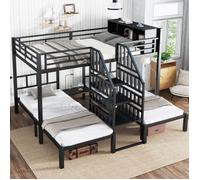Lit superposé triple métal+bois noir 90+140×200cm,escalier de sécurité et rangements intégrés,adapté à la chambre n LITS SUPERPOSES
