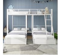 Lit Superposé Triple - O.YE - 140x200cm et 2x90x200cm - Métal - Blanc - Avec tiroirs