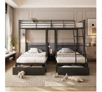 Lit superposé triple - ZEVKOR - Convertible 140×200 + 2×90×200 - 2 tiroirs - Métal noir sommier à lattes